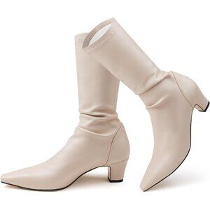 Women's Knee High Apricot-a Boots Pointed Toe Stretchy Block Heel Pull On Style